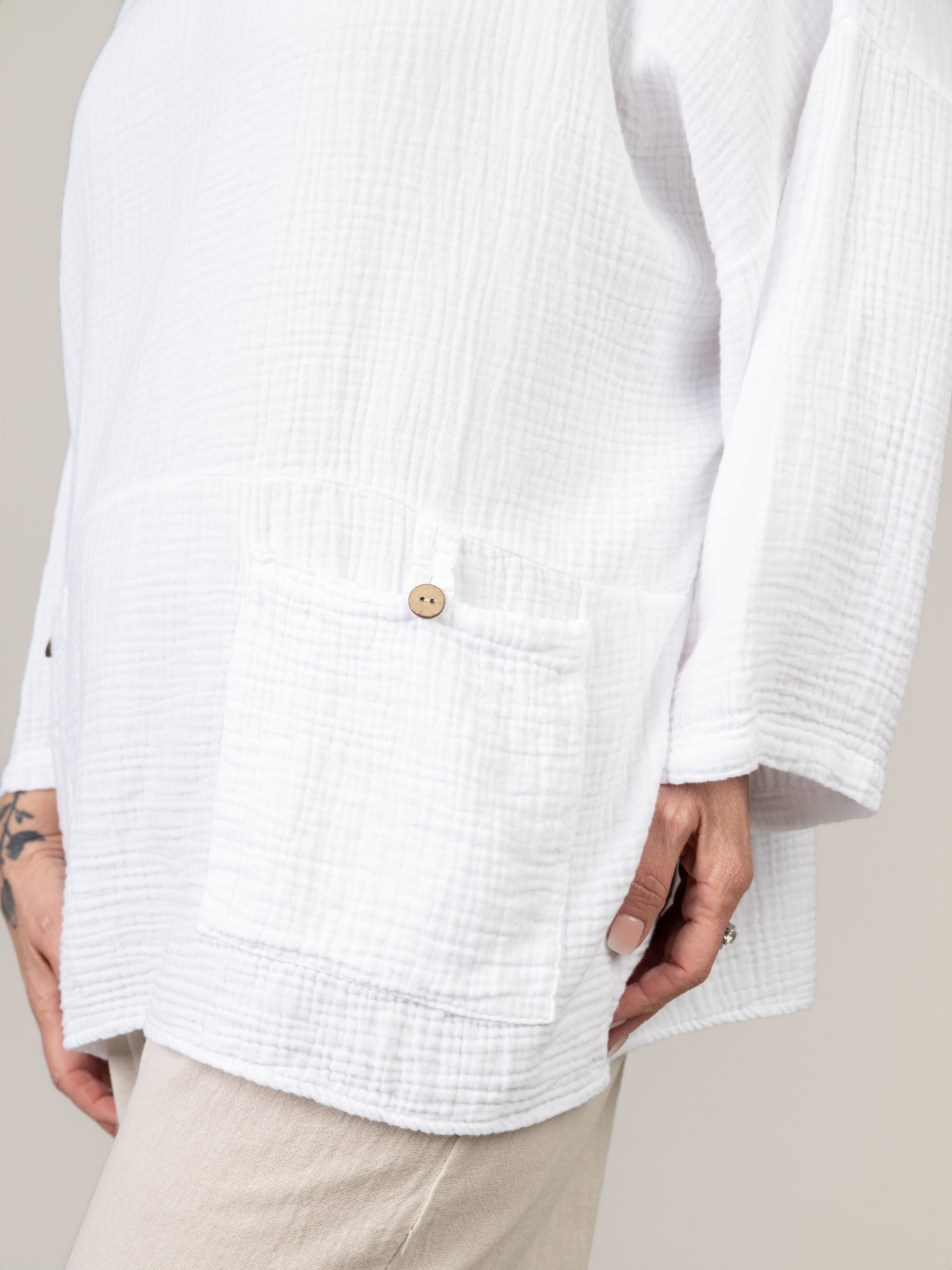 3/4 Sleeve Waffle Cotton Top With Front Pockets