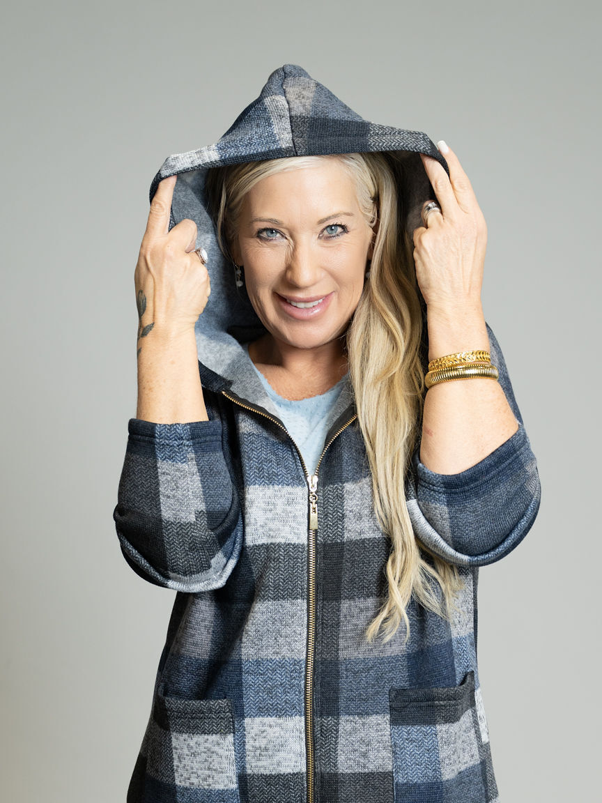 Long Plaid Zipper Cardigan With Hood And Pockets