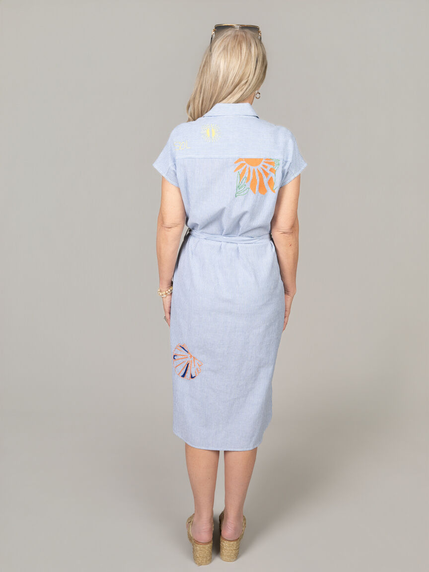 Embroidered Button-Up Midi Shirt Dress with Belt