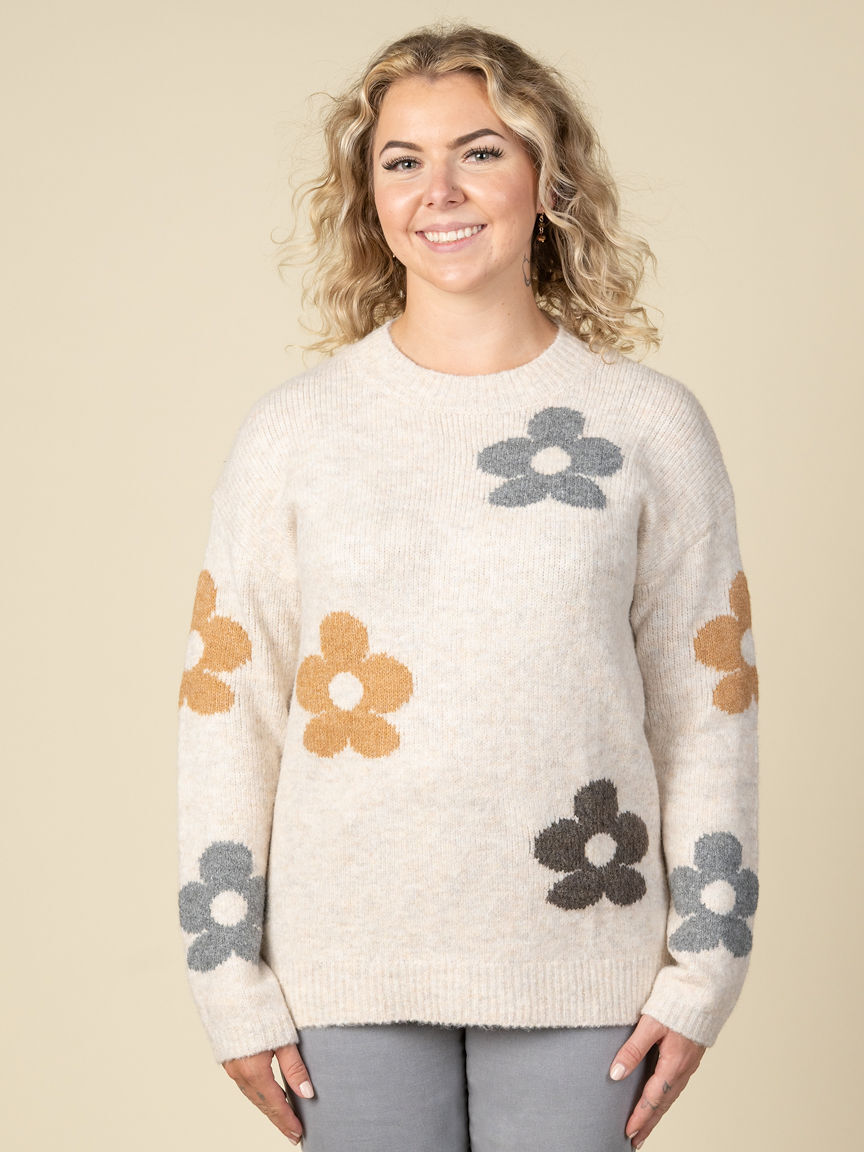 Long Sleeve Knit Sweater With Daisies Image 3