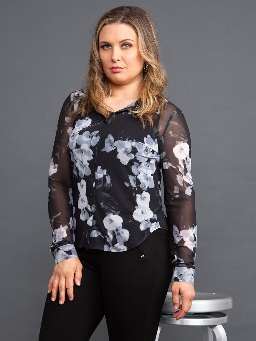 Button-Up Floral Mesh Blouse Image 2