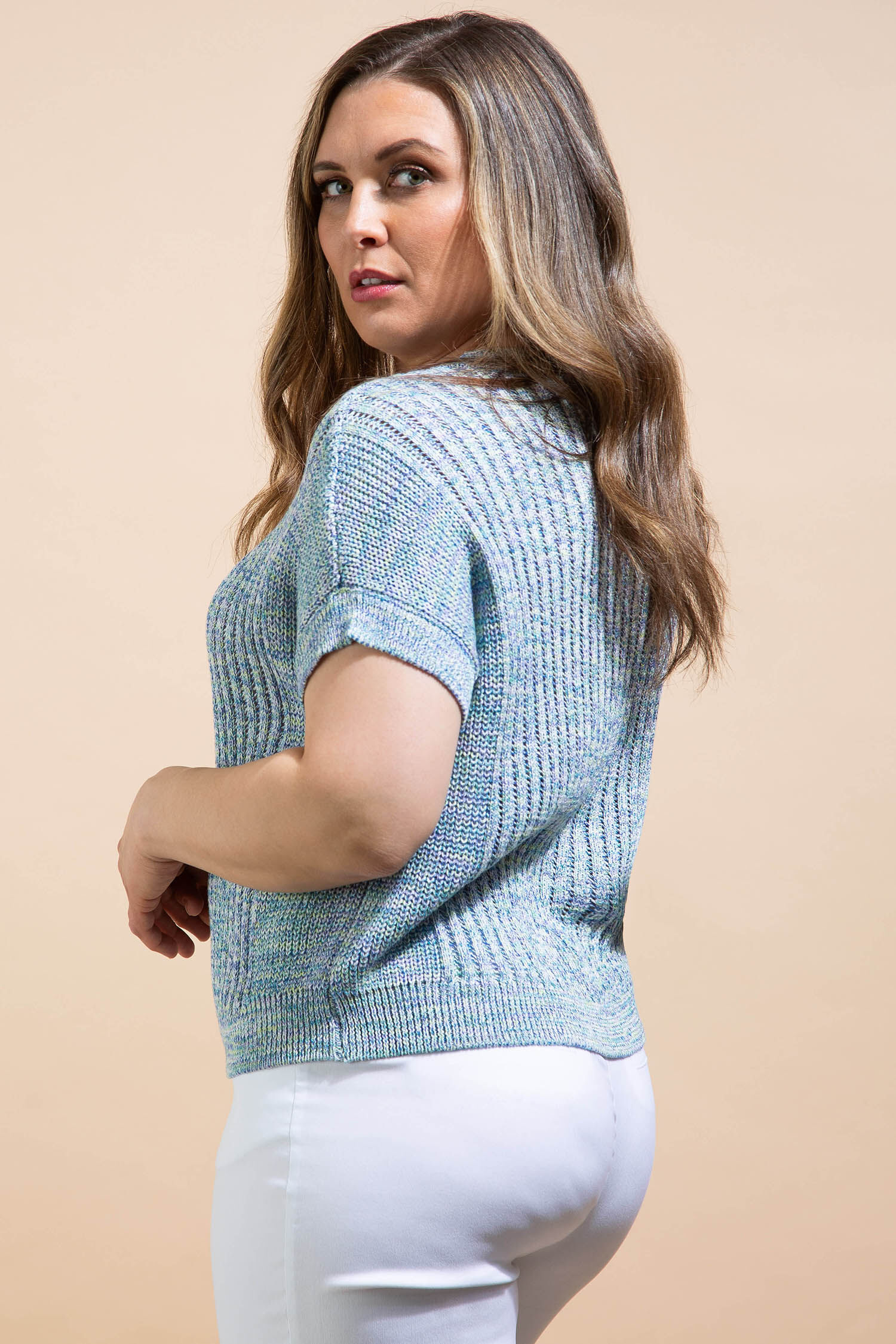 Short Sleeve Space Dyed Ribbed Sweater