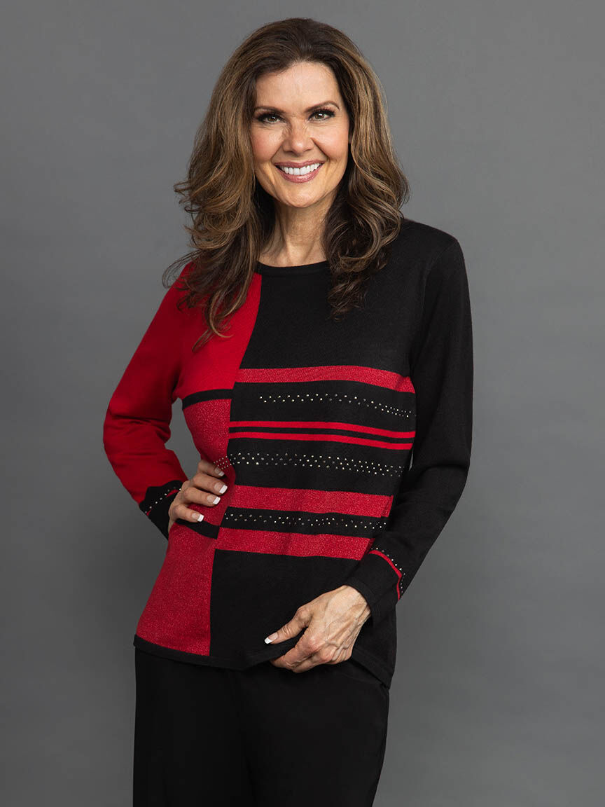 Long Sleeve Sweater with Lines and Hotfix Image 2