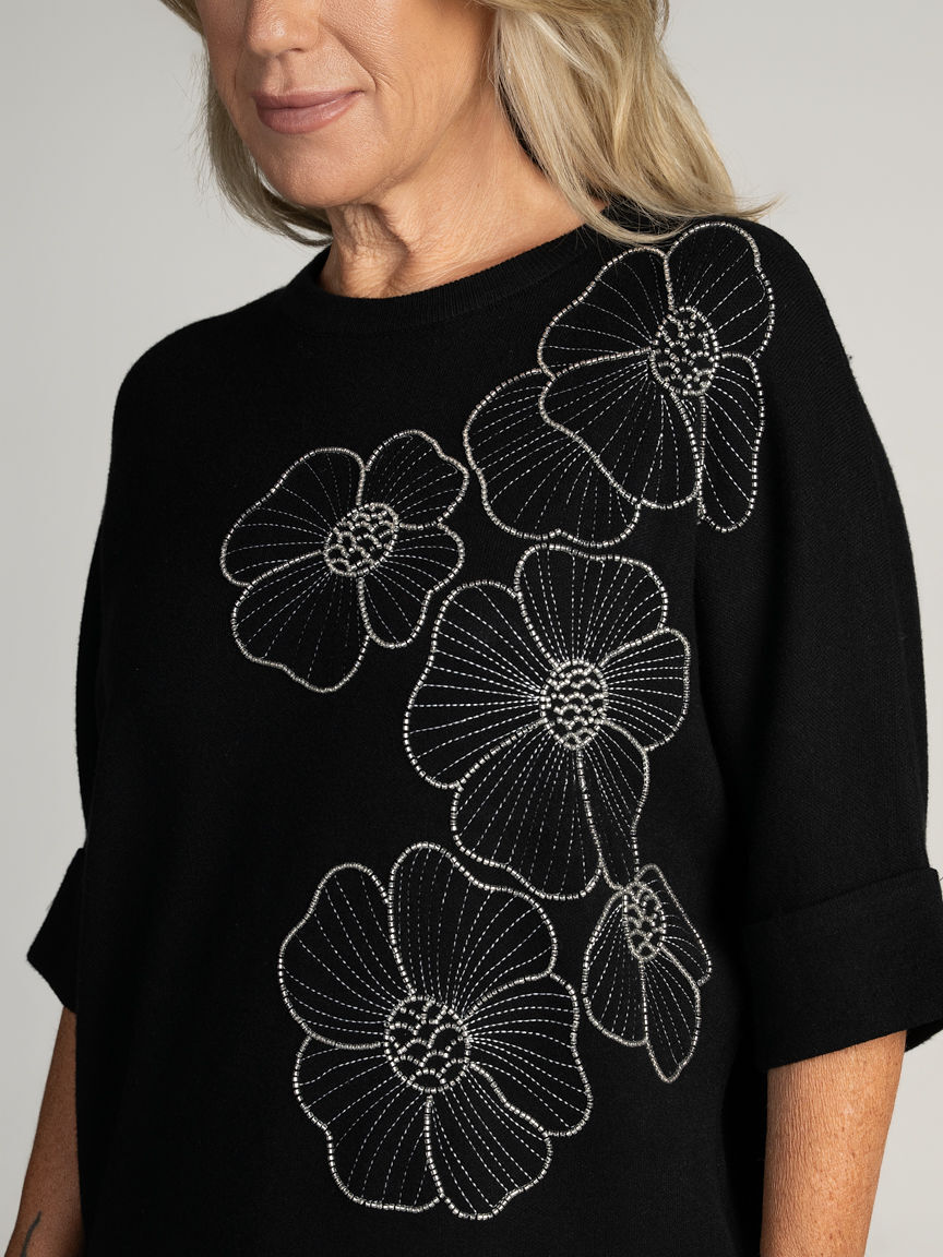 Elbow Sleeve Knit Top With Bead Detail