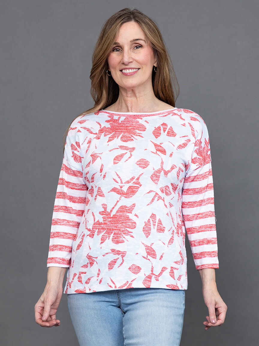 &frac34; Sleeve Combo Print V-Neck Top Image 2