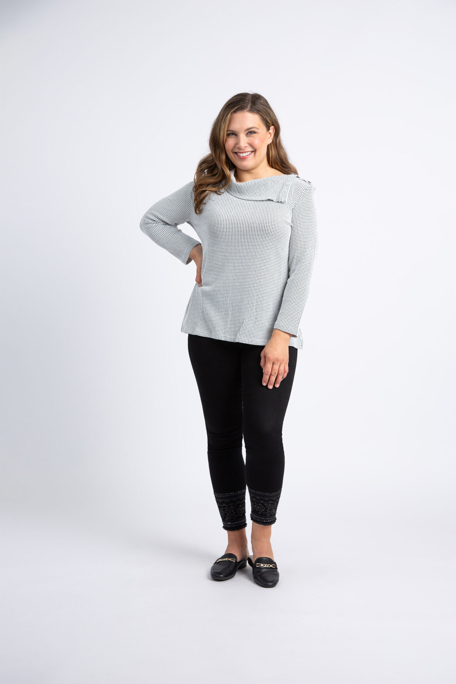 Waffle-Knit Split Neck Top  Image 1