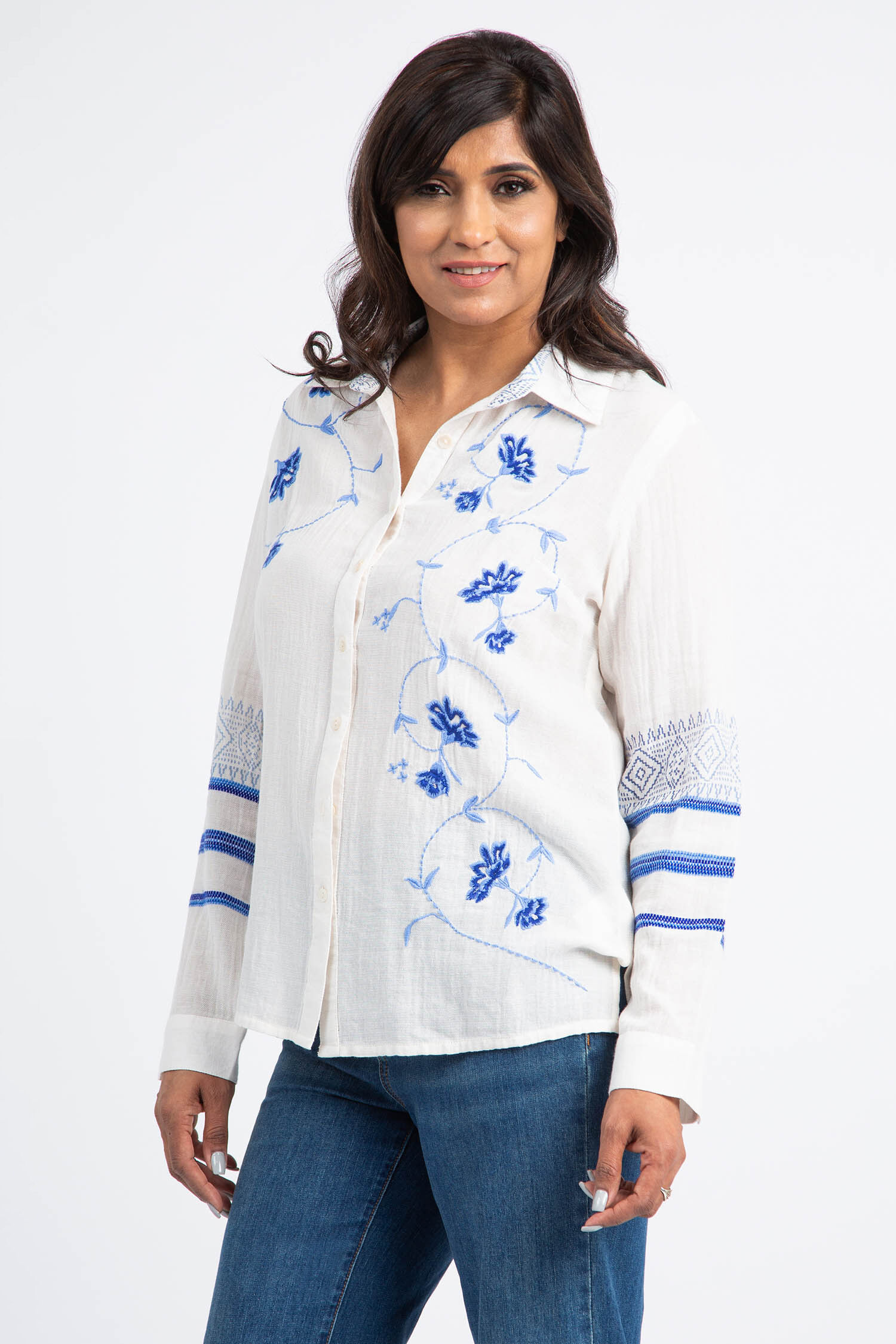 Button-Up Blouse w/ Floral Embroidery Image 1