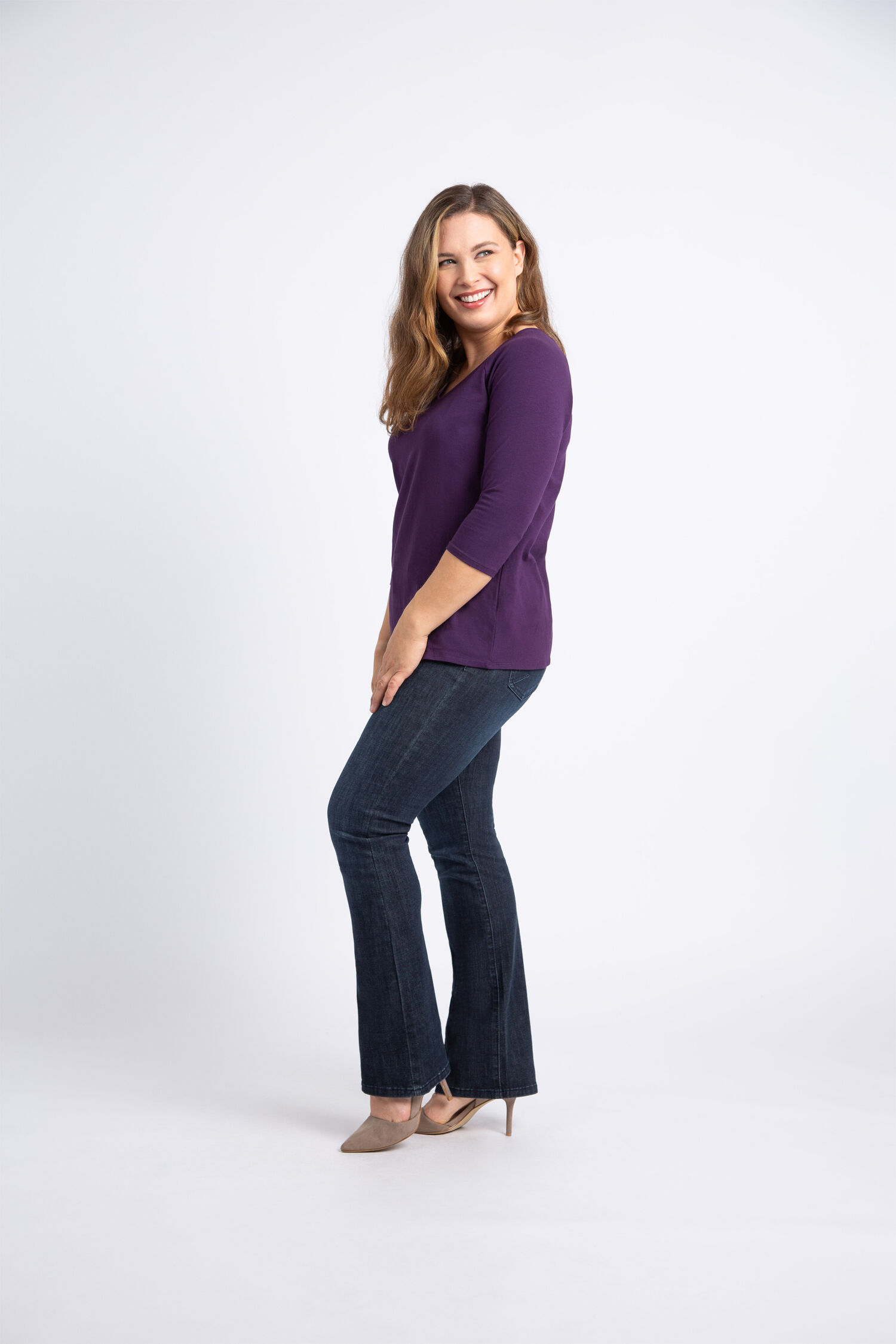 &frac34; Sleeve Cotton V-Neck  Image 2