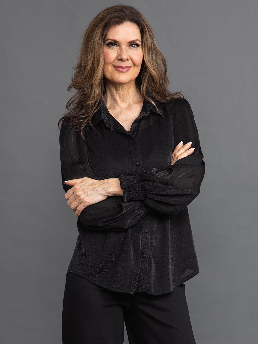 Lurex Long Sleeve Blouse w/ Smocked Cuff Image 3