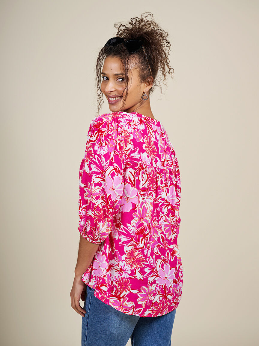 3/4 Sleeve Button Up Blouse with Tie Neck  Image 2