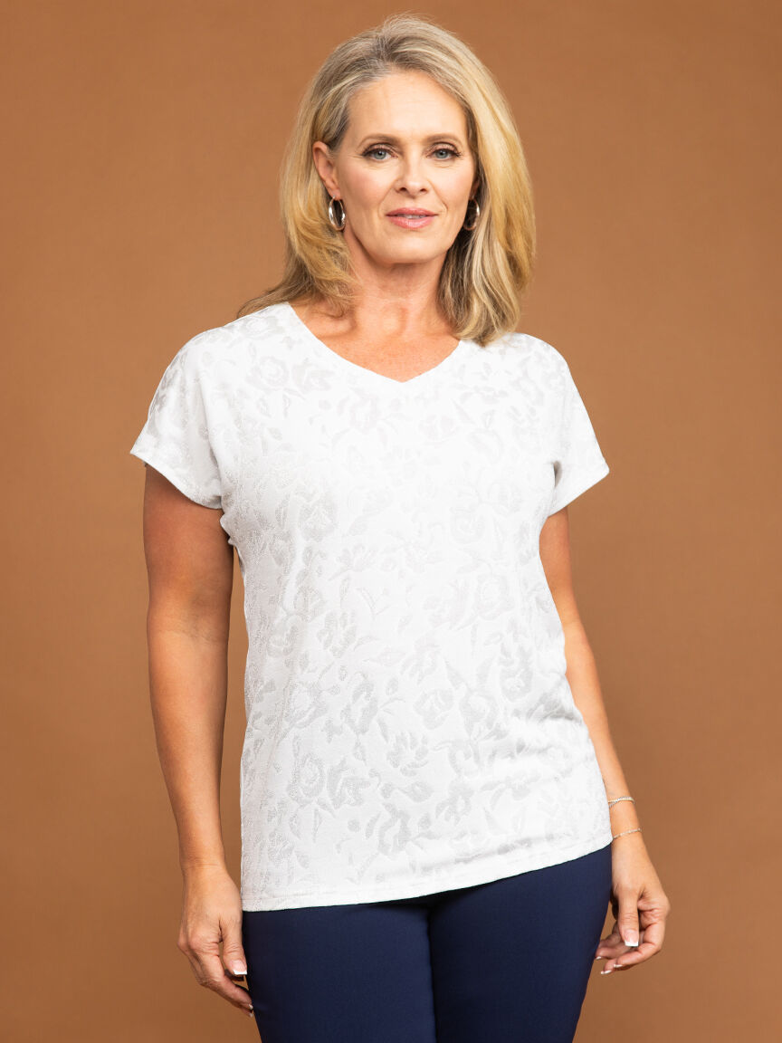 Short Sleeve V-Neck Floral Metallic Top