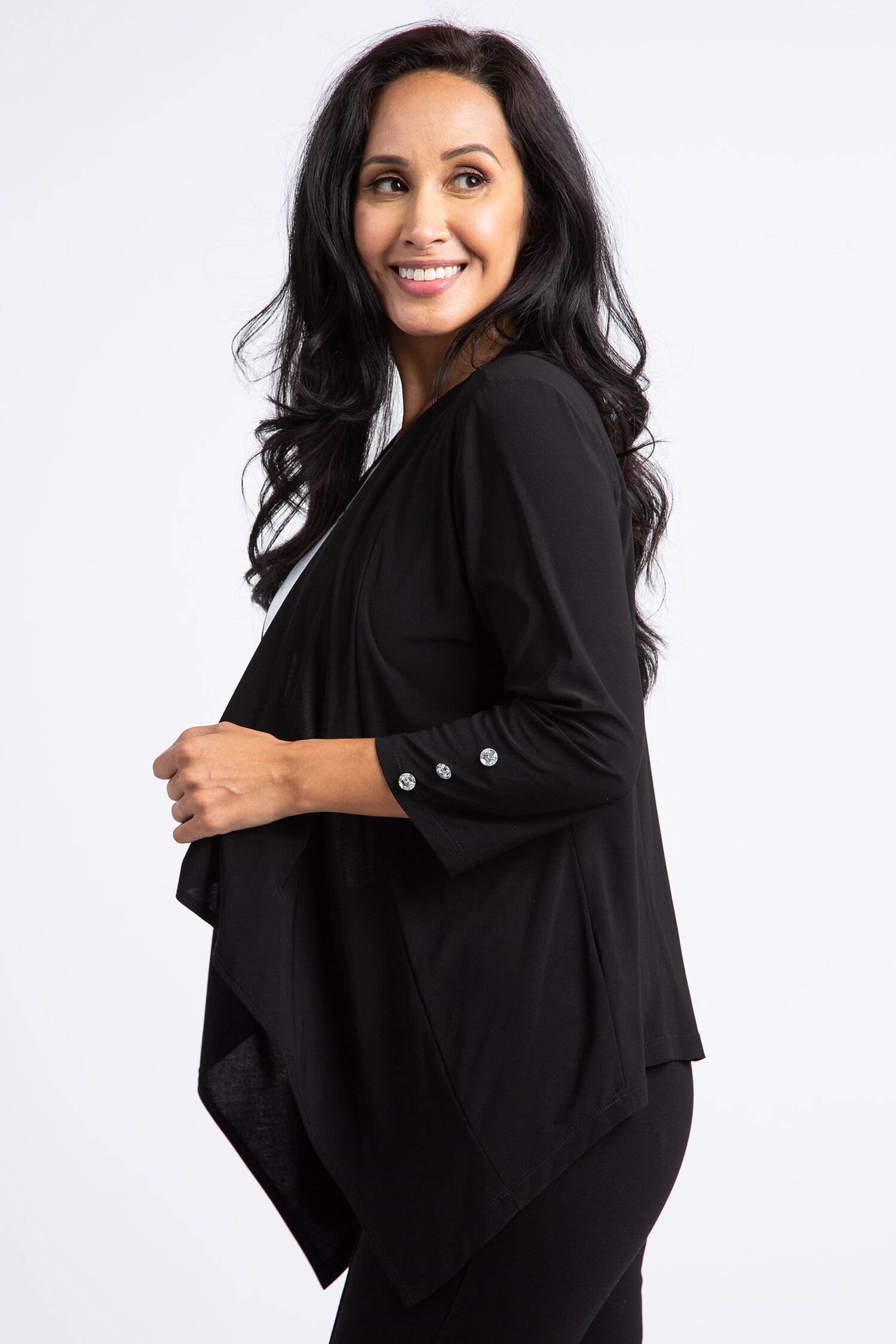 &frac34; Sleeve Open Front Cardigan w/ Crystal Buttons Image 2