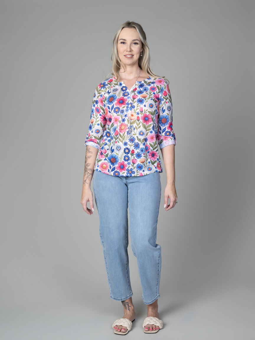 3/4 Sleeve Floral Henley Top
