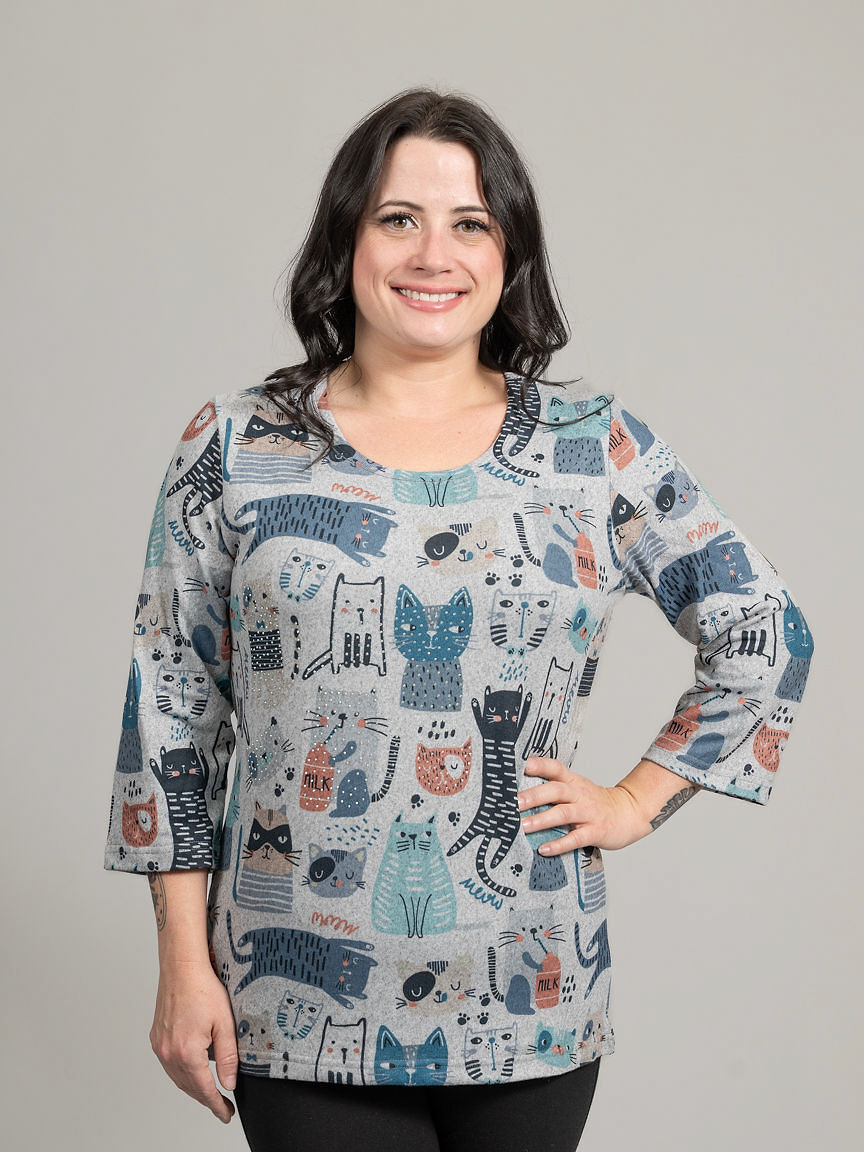 3/4 Sleeve Cat Print Top With Hotfix