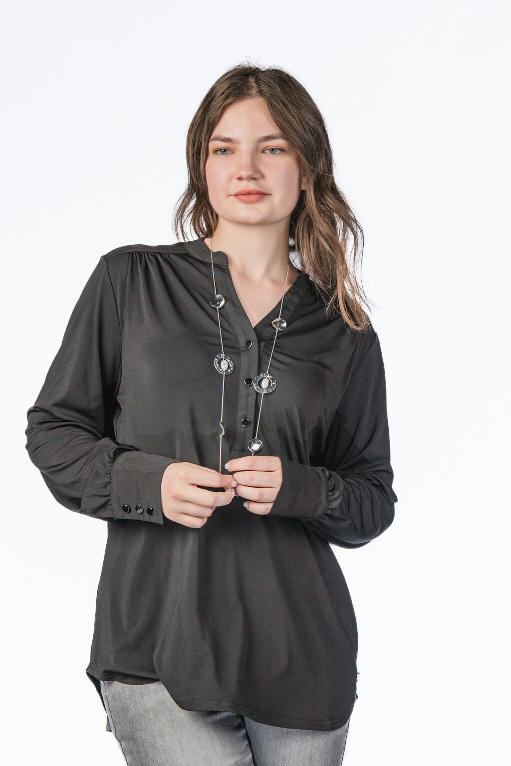 Silky, Smooth, Stretchy, Notch-Neck Silver Buttons Blouse Image 1