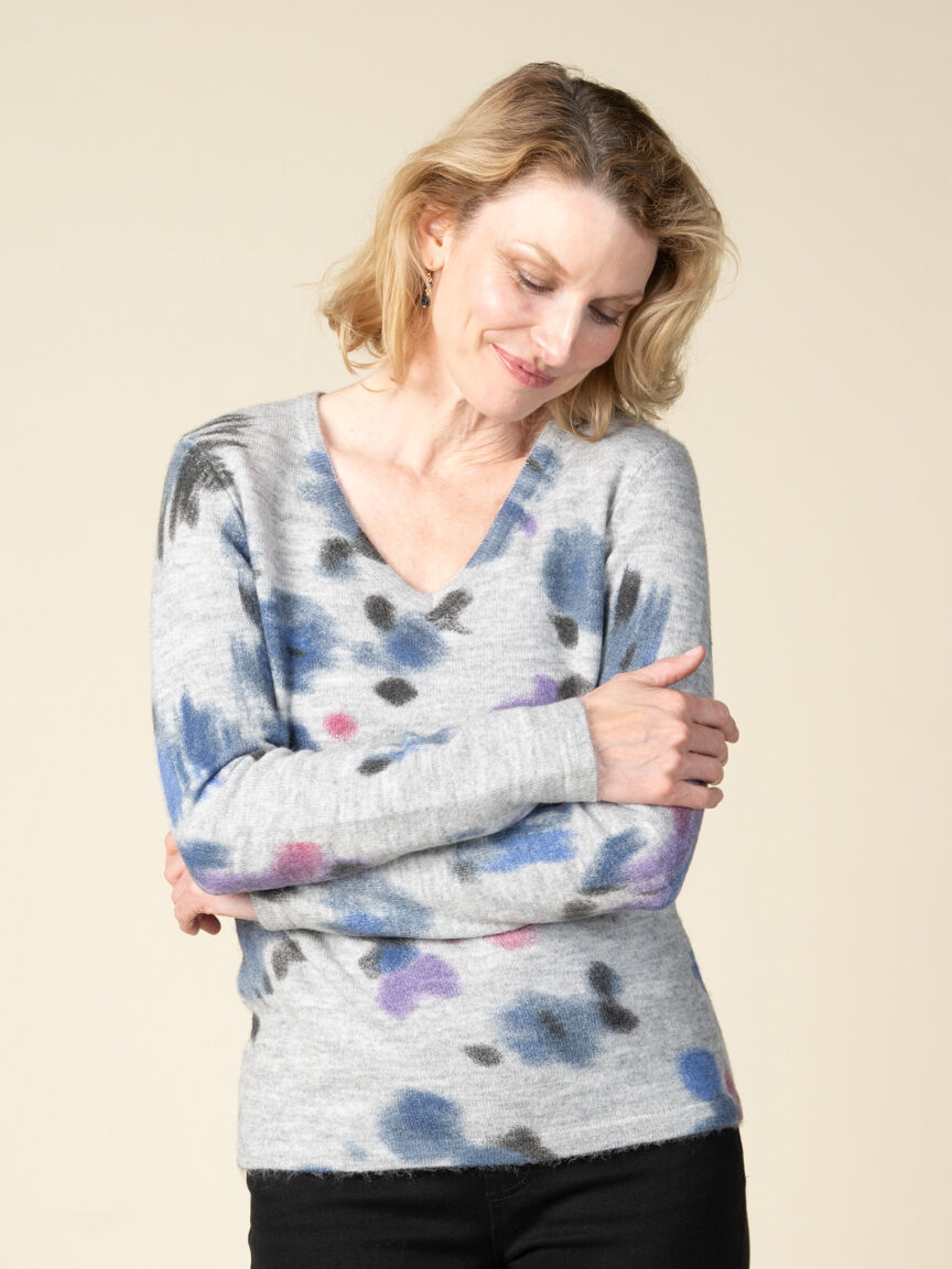 Long Sleeve V-Neck Watercolor Sweater