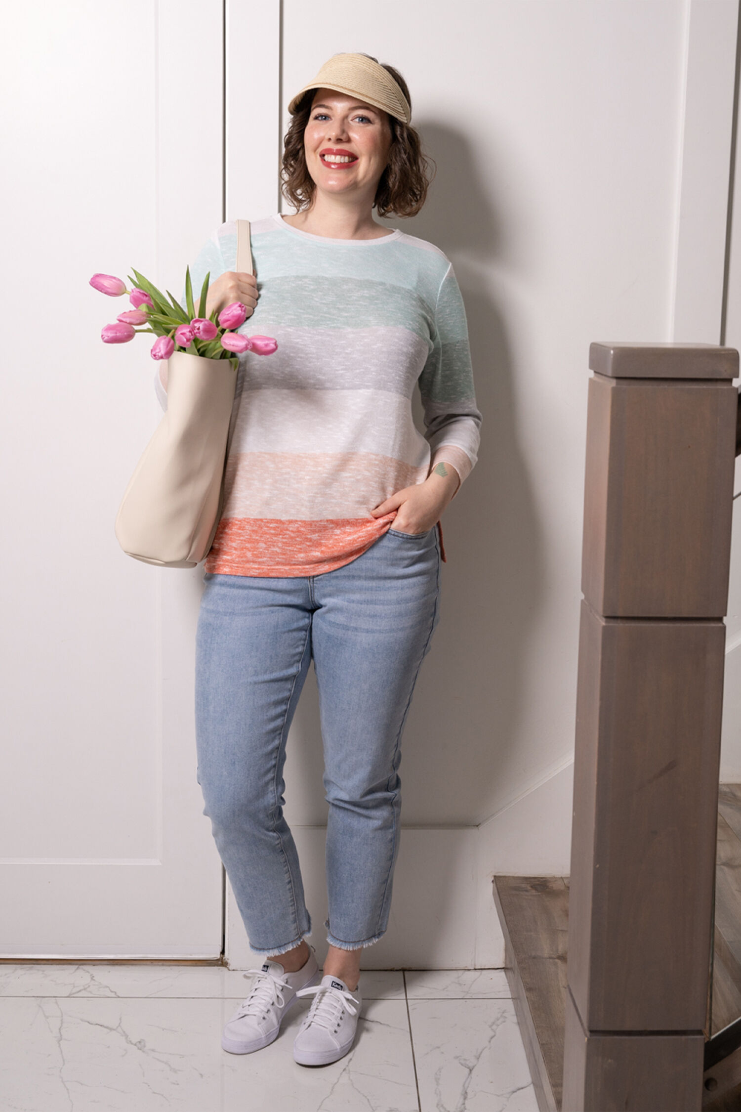 &frac34; Sleeve Striped Knit Top Image 4