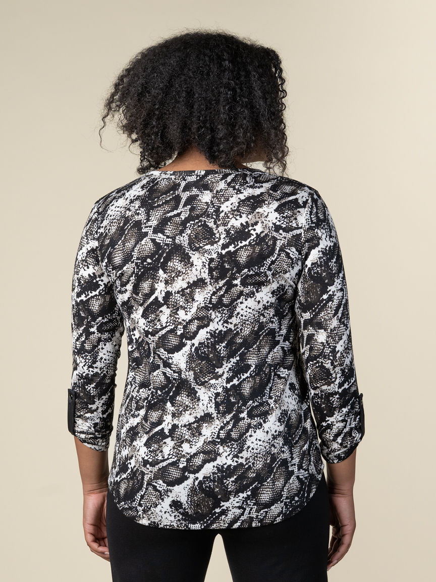 Long Sleeve Animal Print Top With Roll Tabs