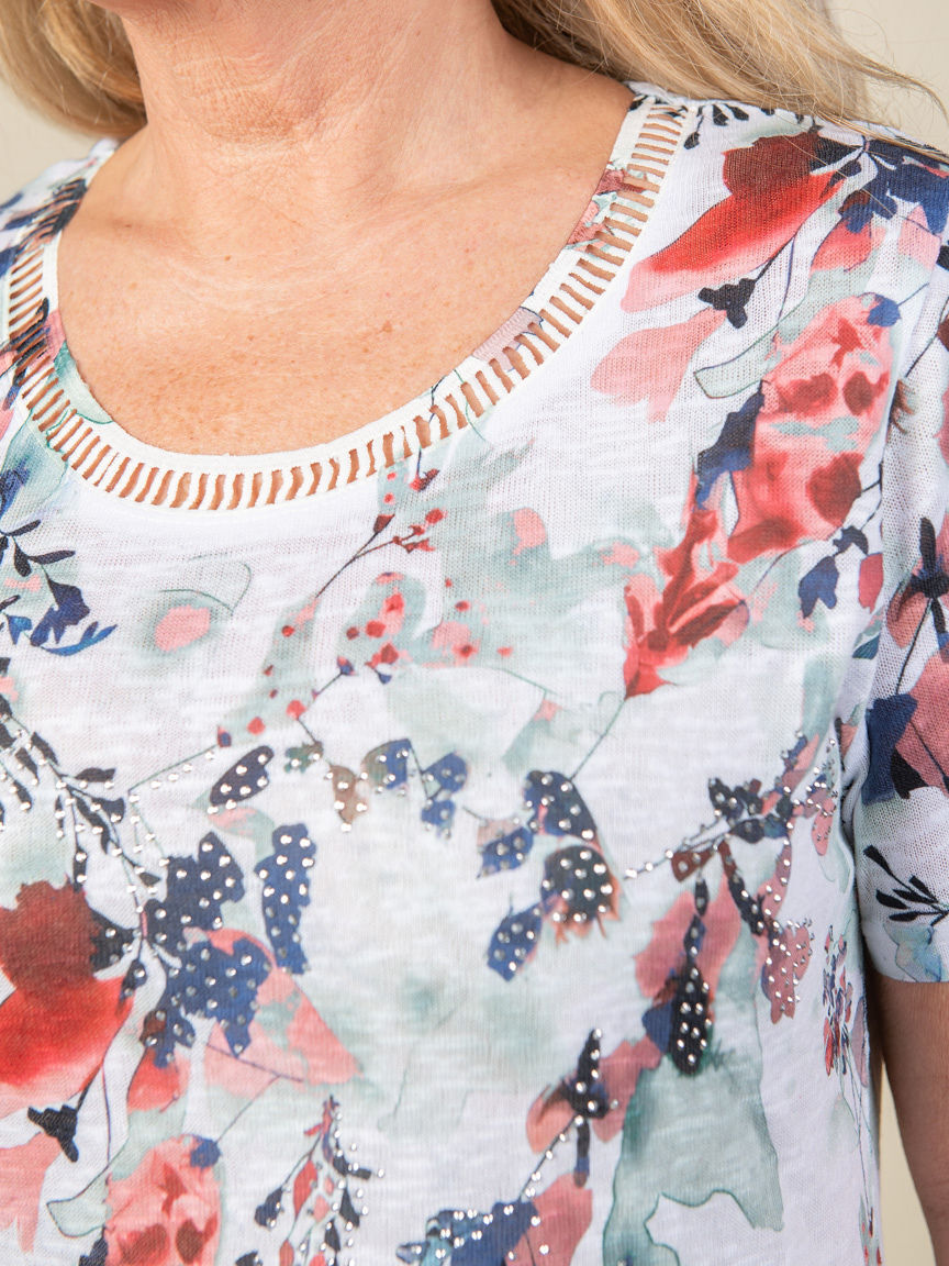 Short Sleeve Top with Ladder Stitch Neckline