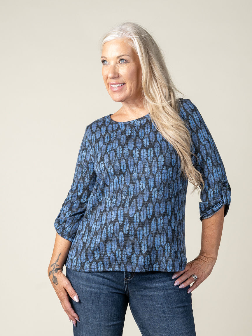 3/4 Roll Tab Sleeve Leaf Print Sweater 