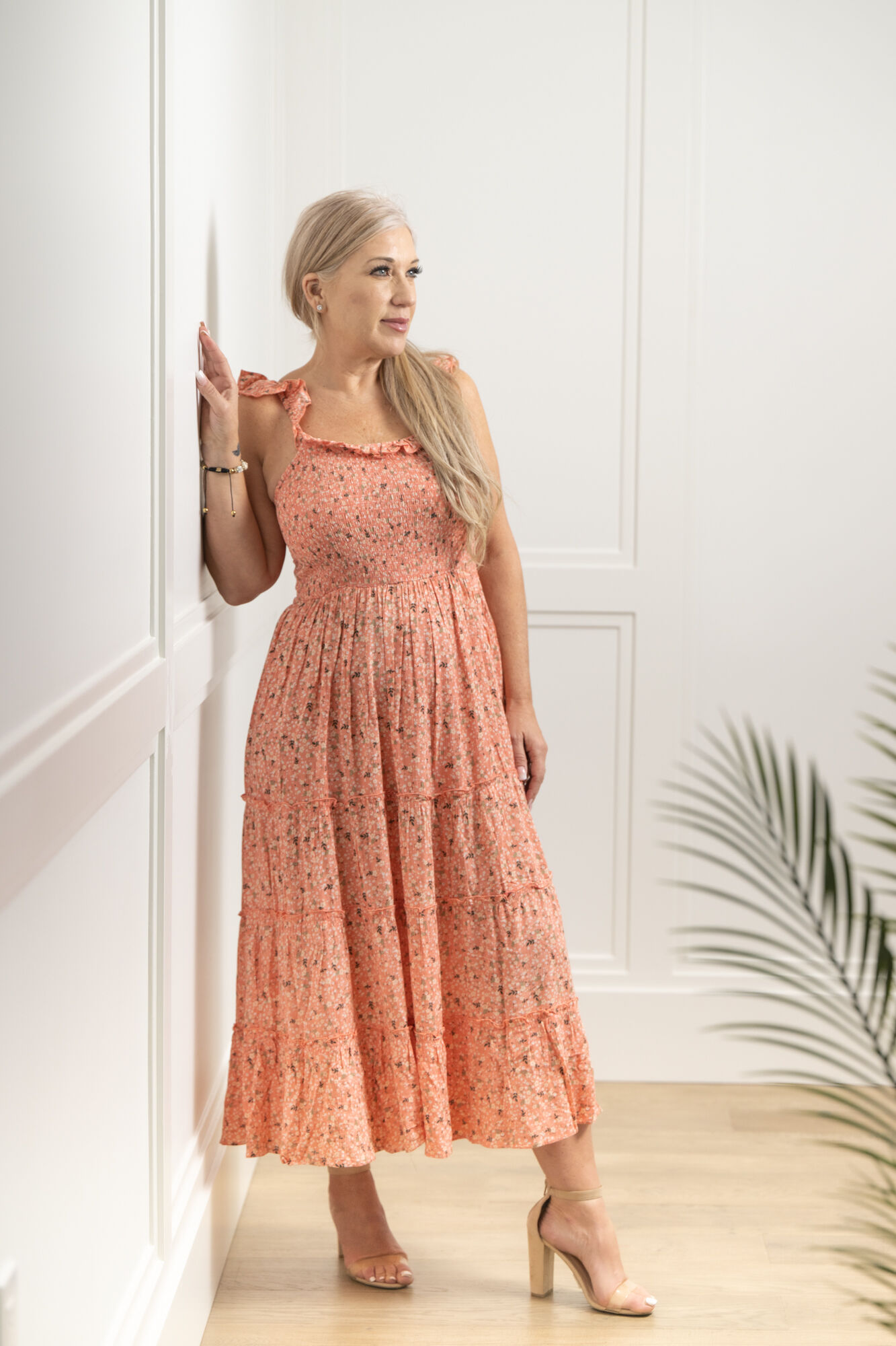 Smocking Ruffle Coral Dress, Coral