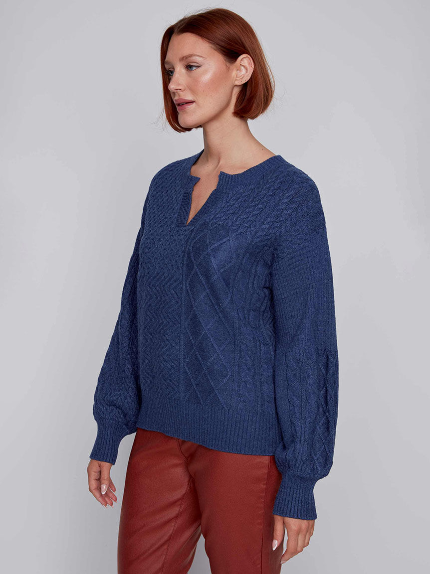 Cable Knit V-Neck Sweater w/ Balloon Sleeves Image 2