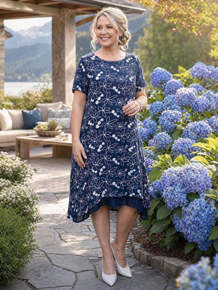 Embroidered Floral Midi Dress with Layered Hem