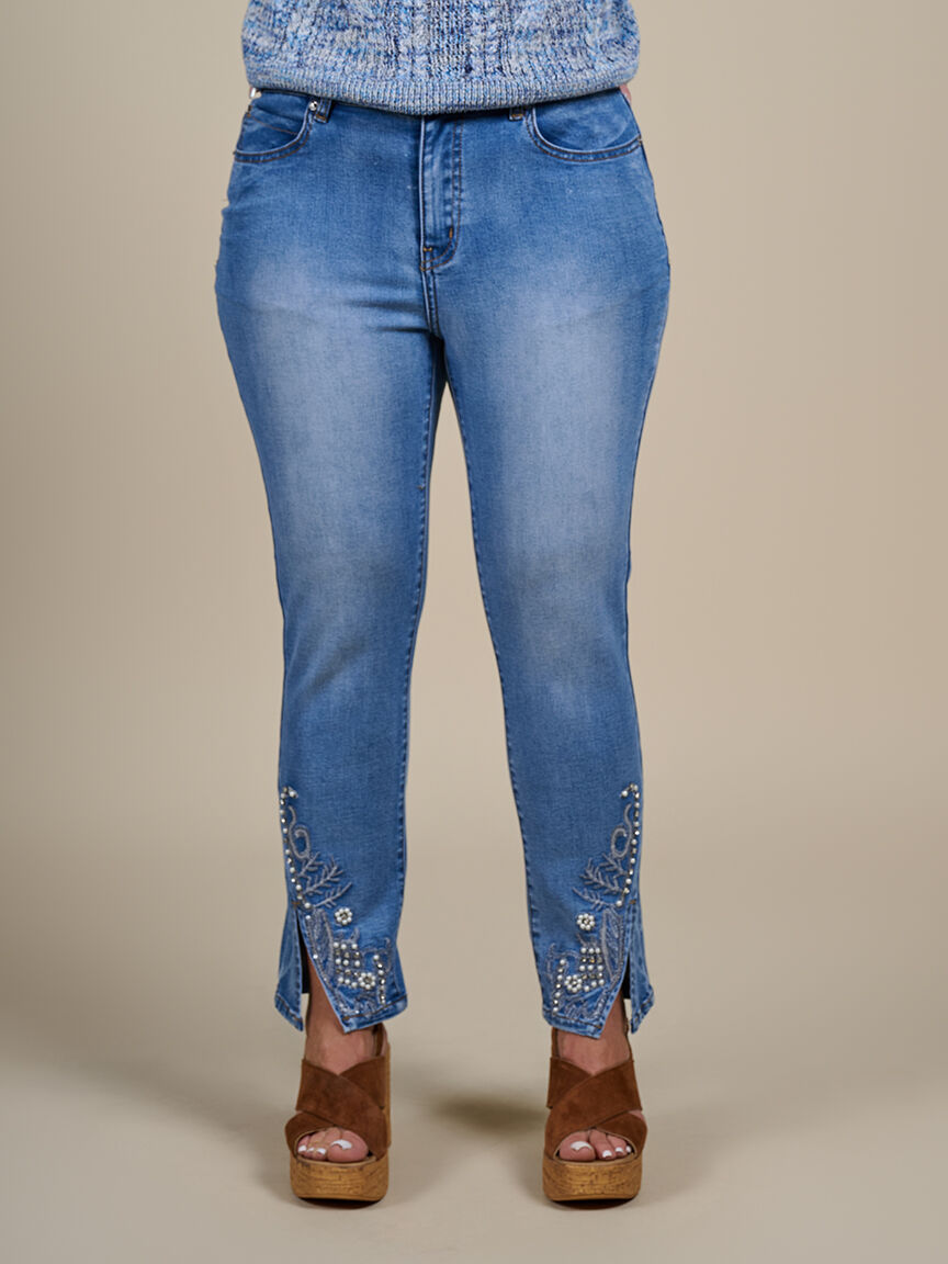 Pearl and Rhinestone Embellished Jeans  Image 1