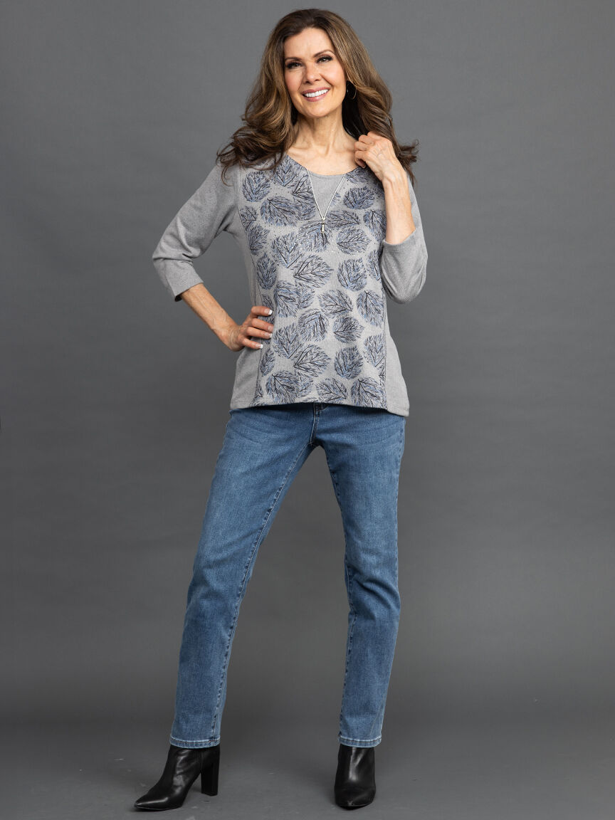 &frac34; Sleeve Zipper Neckline Hotfix Top  Image 1