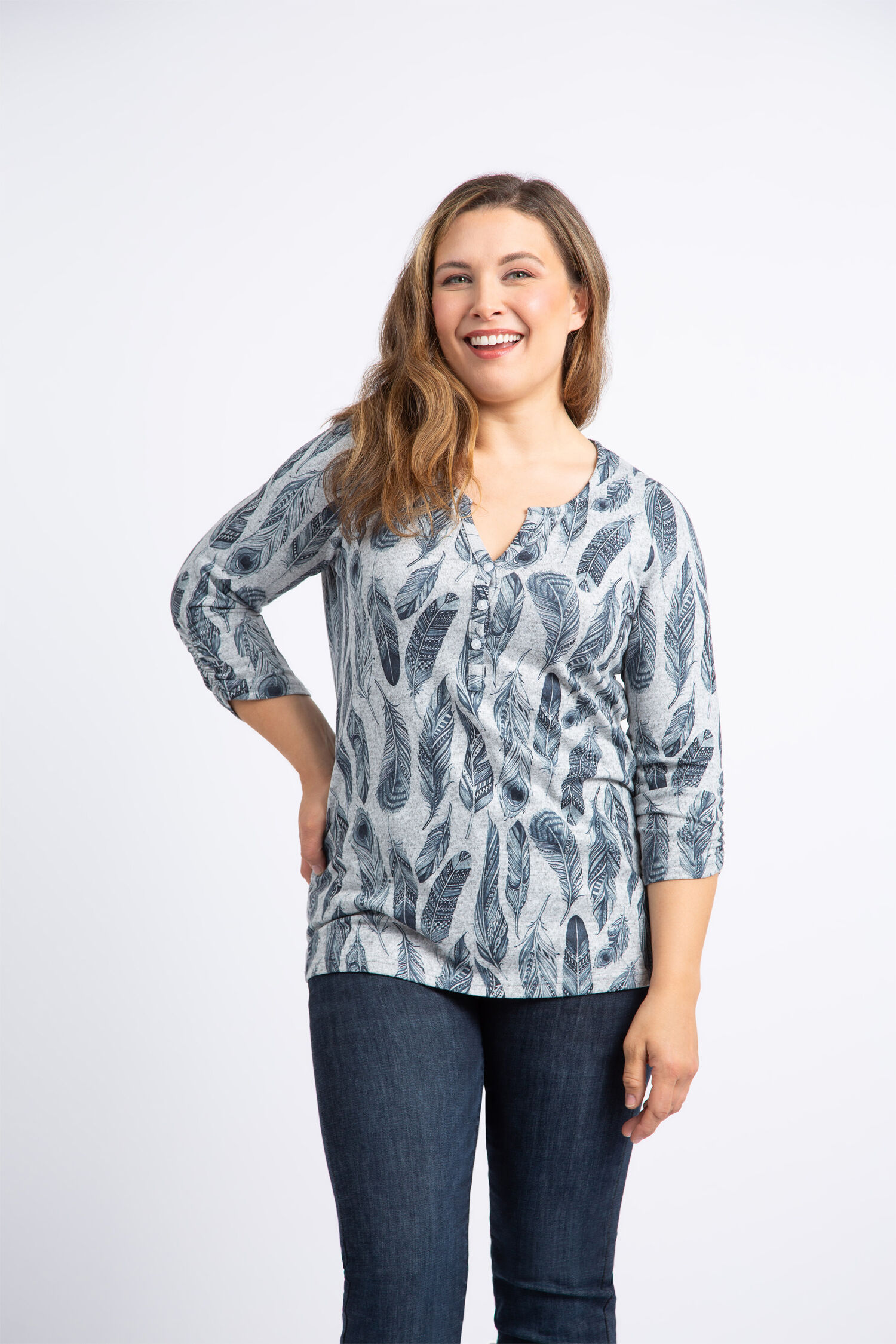 3/4 Sleeve Henley Neck Feather Top  Image 2