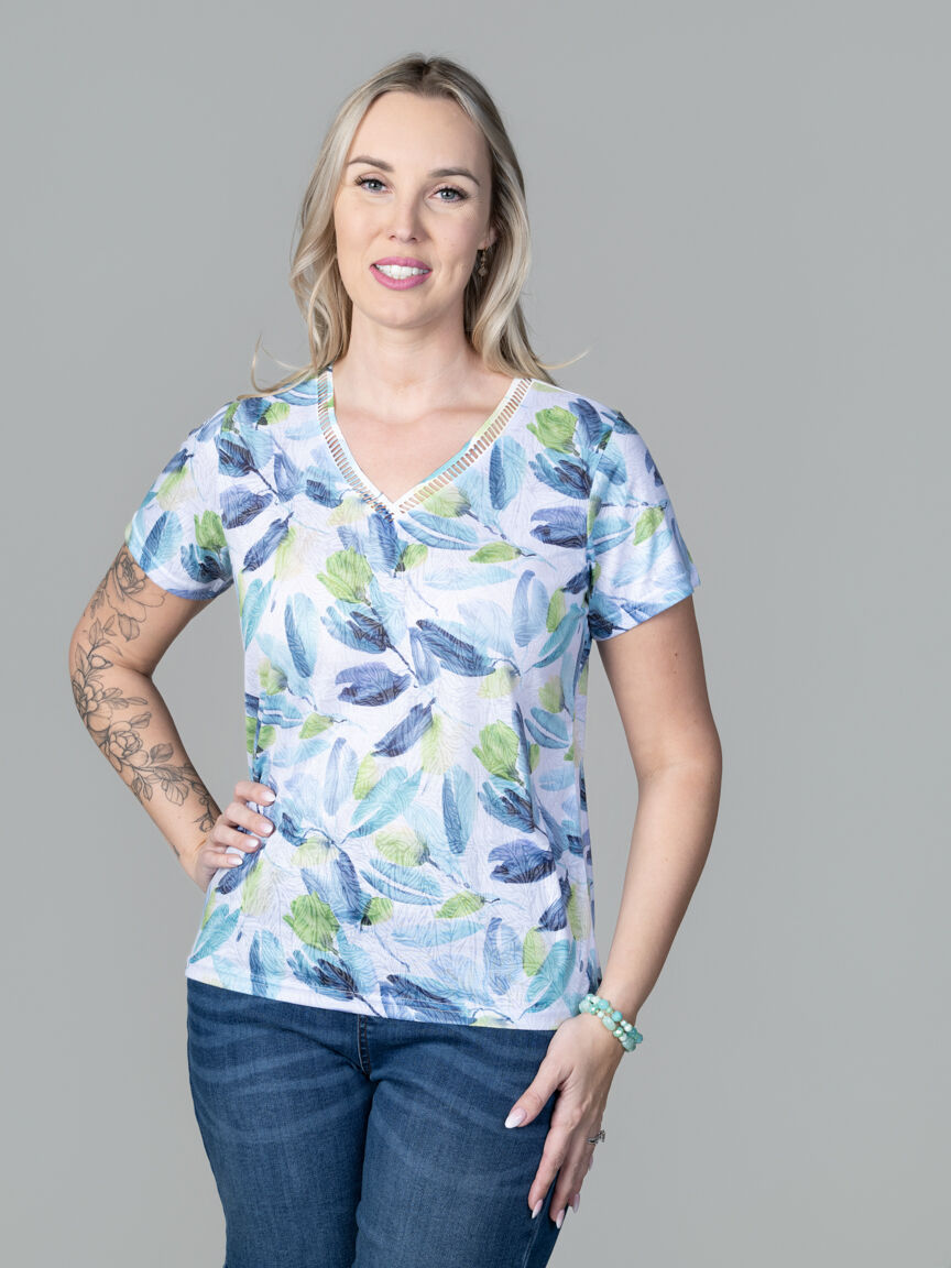 Burnout Leaf Print Short Sleeve Top with V-Neck