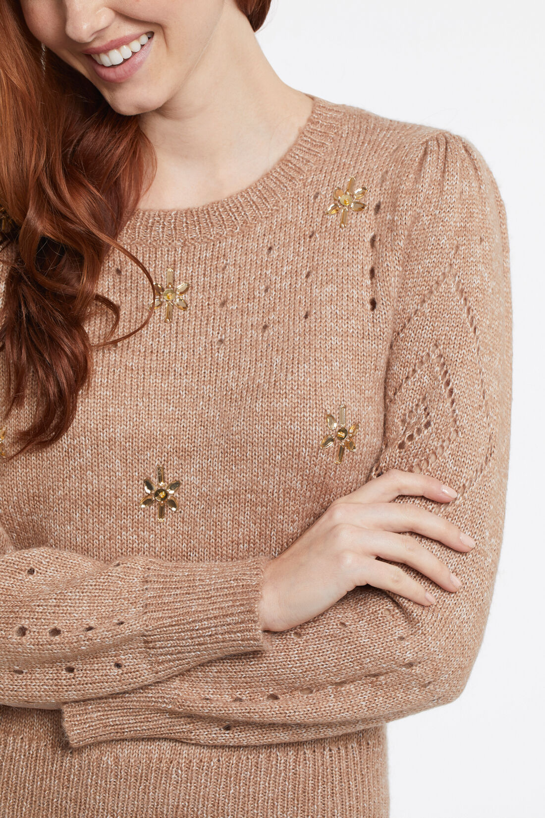 Jeweled Gem Eyelet Victorian-Sleeve Sweater Image 3