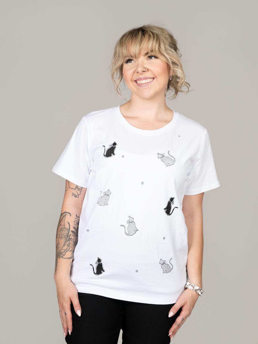 Cat Print Crew Neck Top