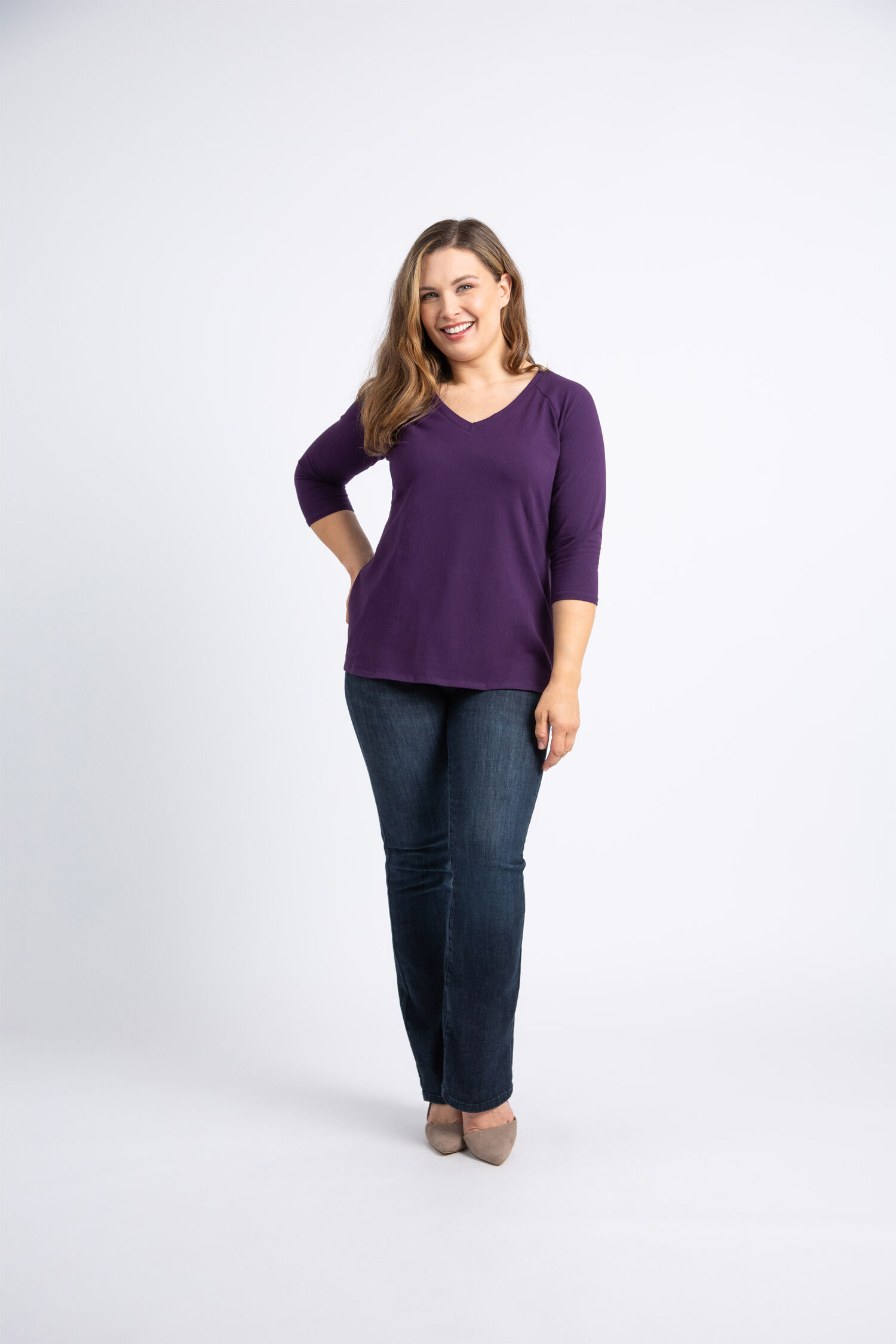 &frac34; Sleeve Cotton V-Neck  Image 1