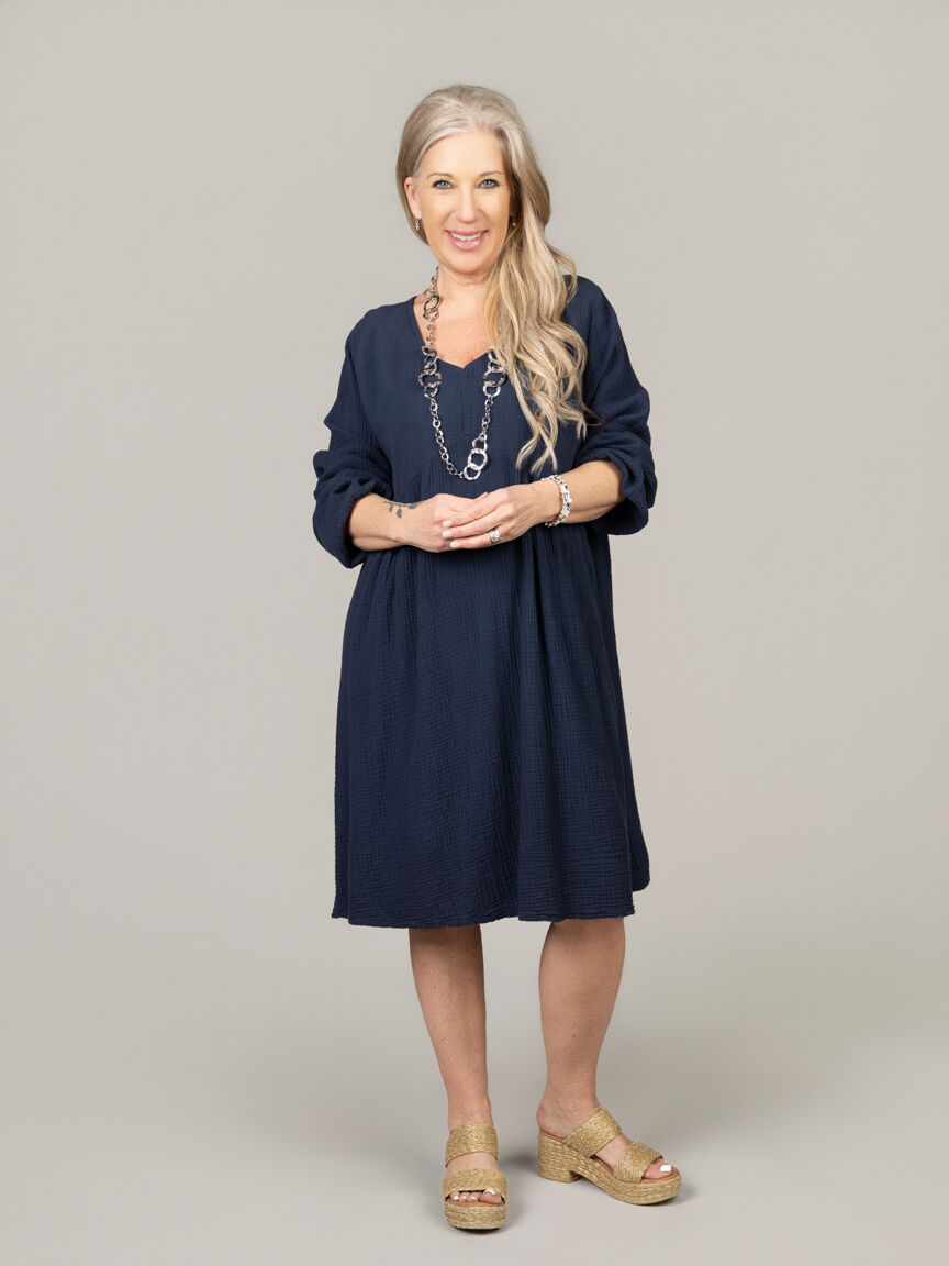 Long Sleeve Knee Waffle Cotton Dress