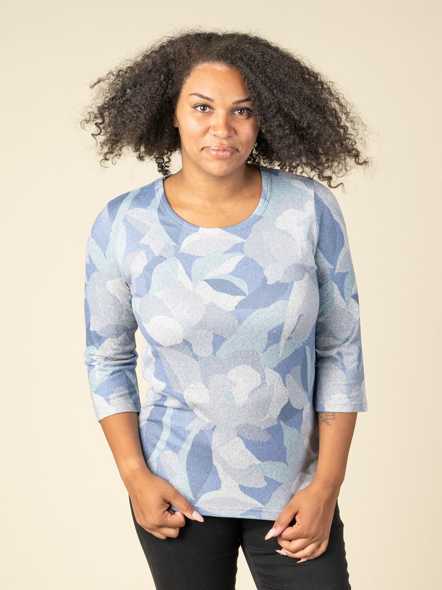Floral Abstract 3/4 Sleeve Top With Hotfix