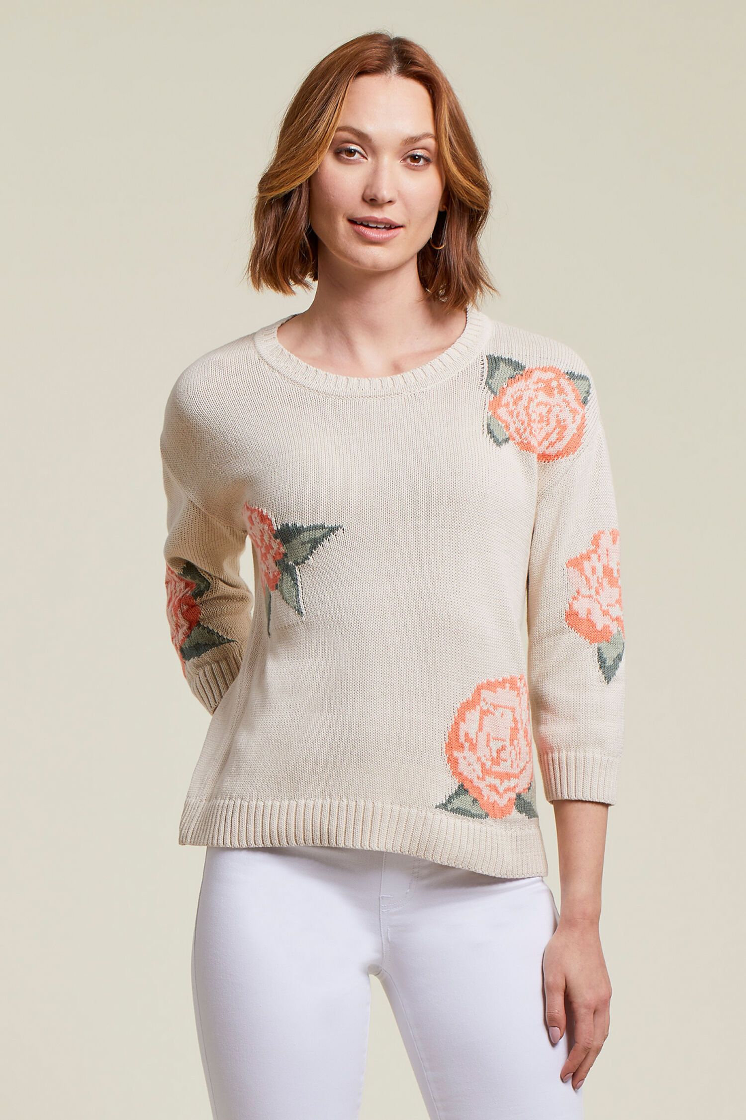 Floral 3/4 Sleeve Crewneck Sweater Image 1
