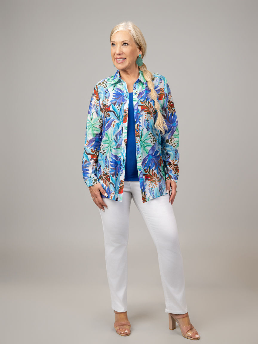 Long Sleeve Tropical Print Button Down Shirt
