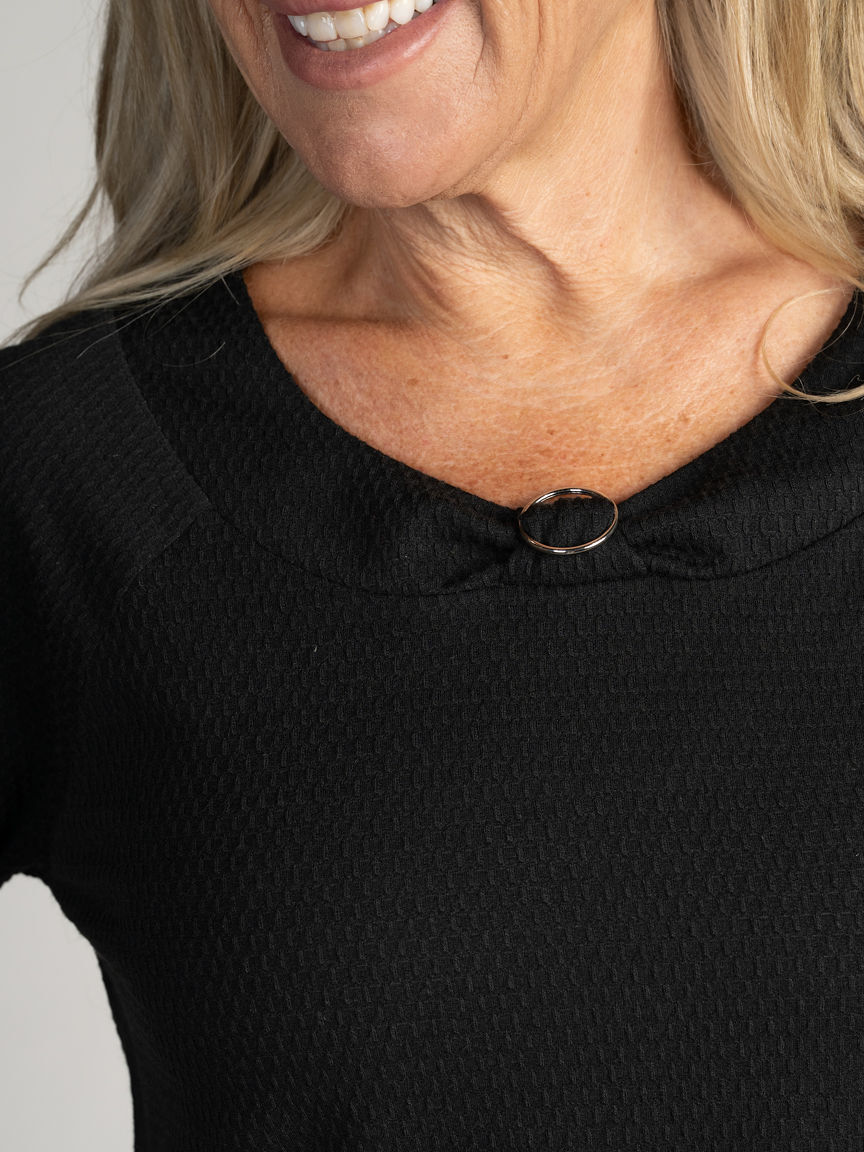 3/4 Sleeve Textured Knit top with round neckline and Silver ring