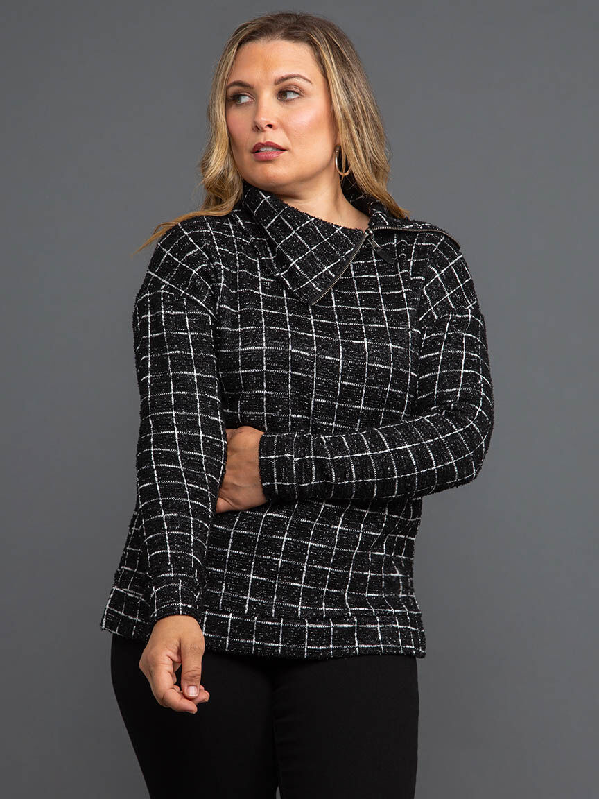 Shiny Thread Split Neck Top with Zippered Collar Image 2