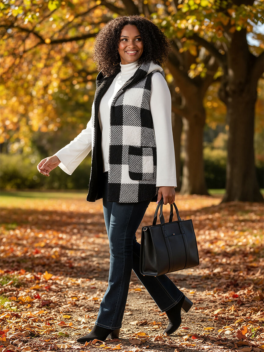 Long Open-Front Hooded Reverible Vest 