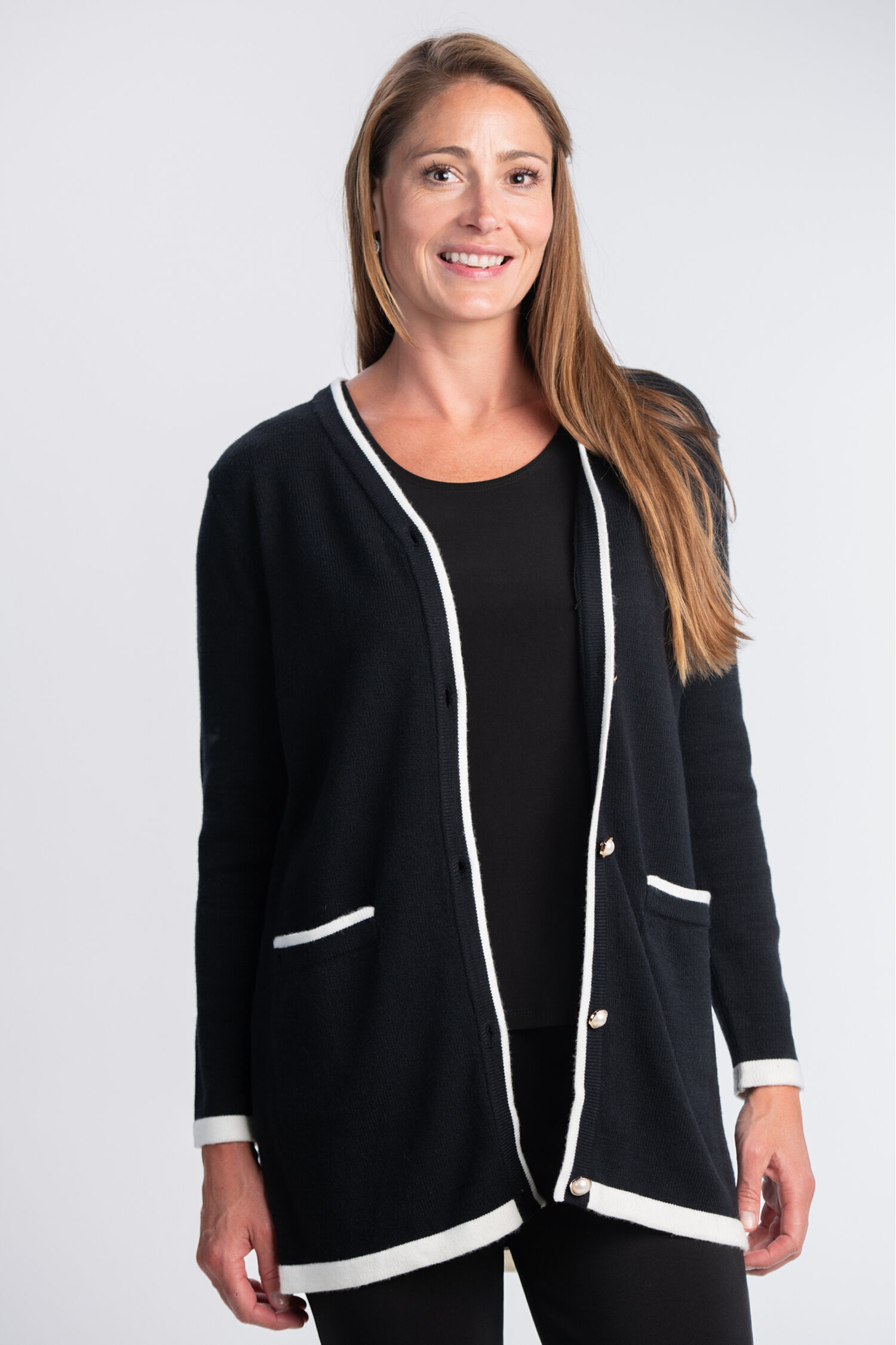 White Trim Pearl Button Cardigan  Image 1