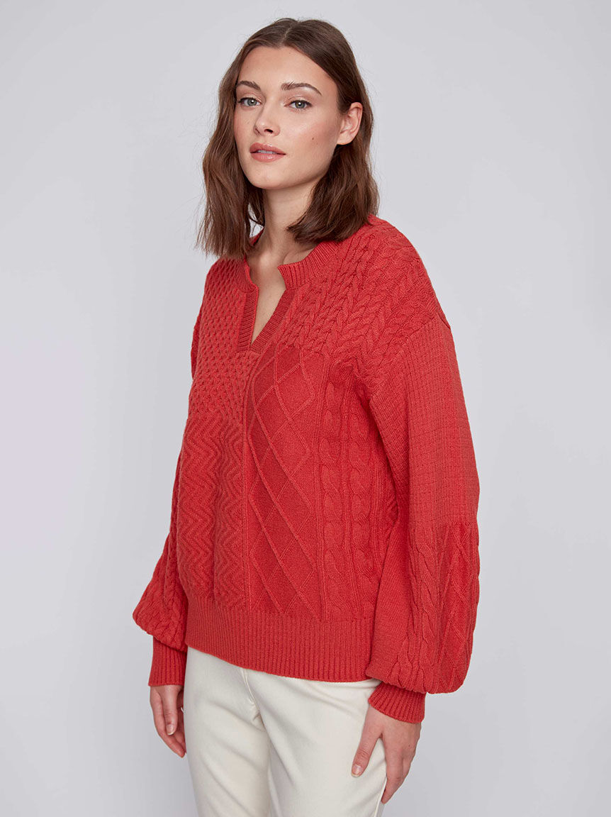 Cable Knit V-Neck Sweater w/ Balloon Sleeves Image 2