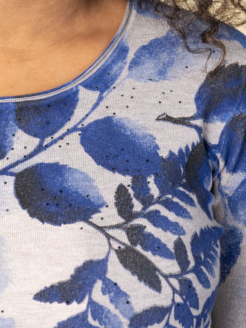 Long Sleeve Leaf Print Sweater with Hotfix