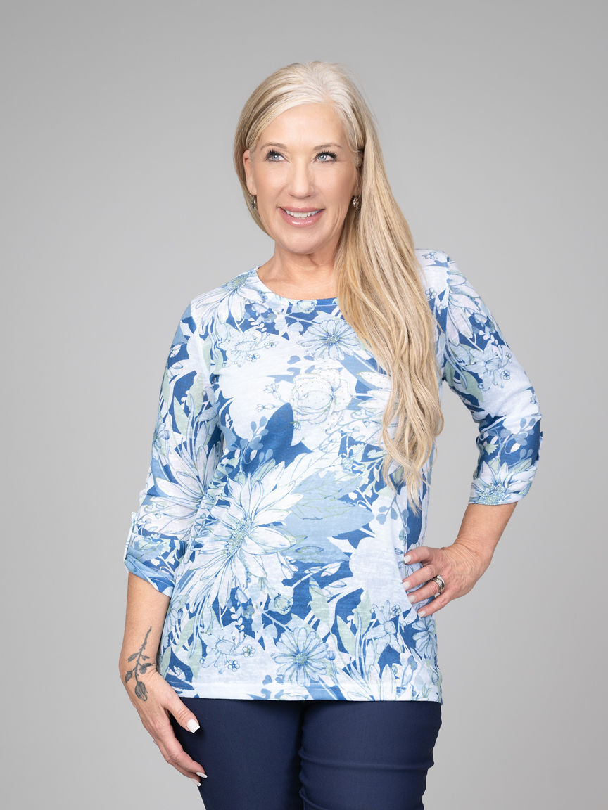 Floral 3/4 Sleeve Top With Roll Tabs