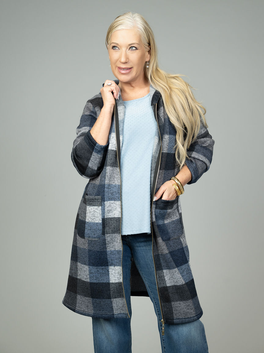 Long Plaid Zipper Cardigan With Hood And Pockets