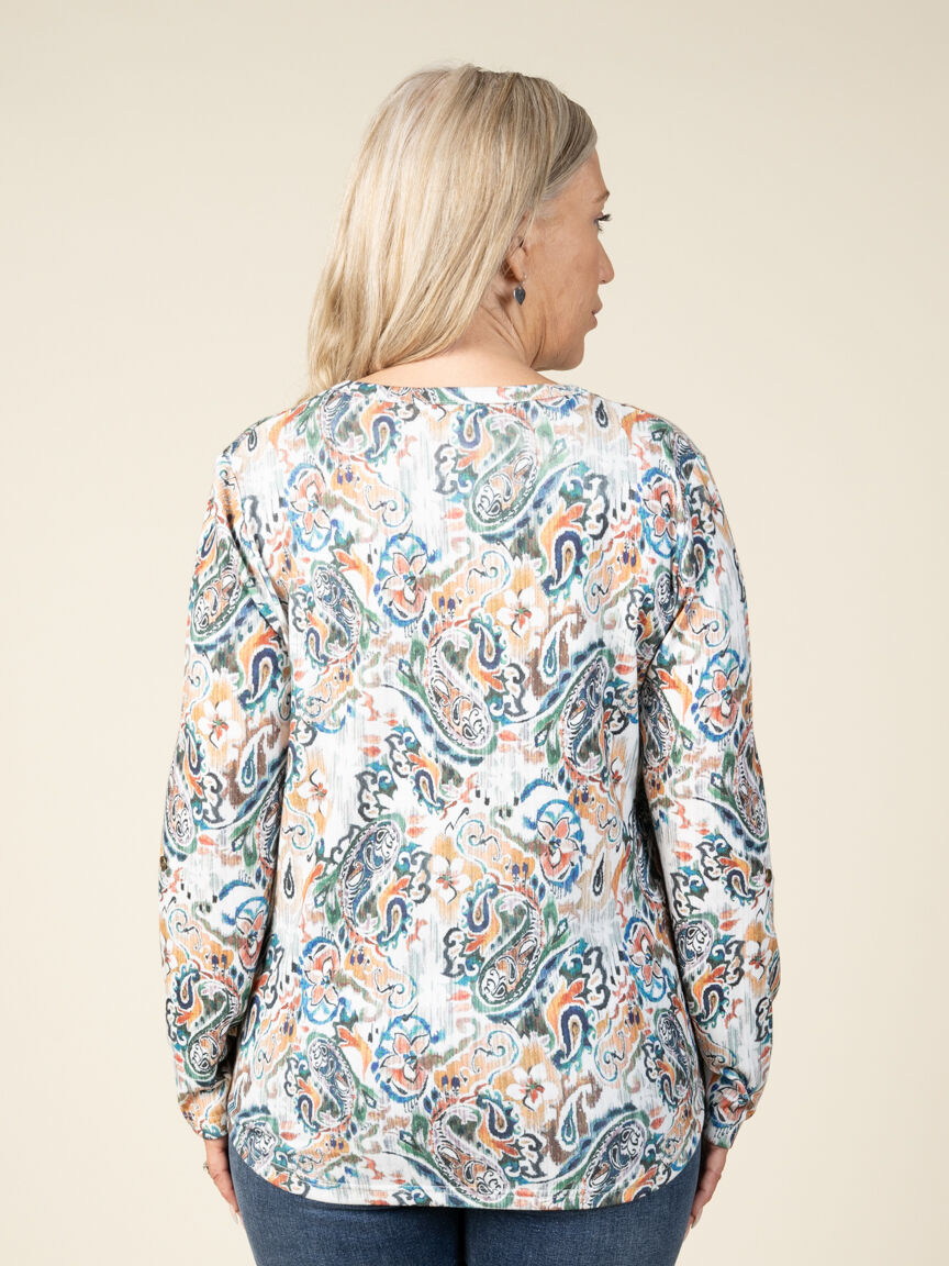 Long Sleeve Roll Tab Paisley Henley Top