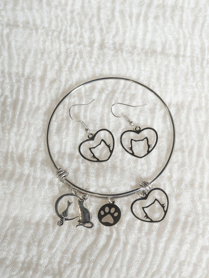 Cat Charm Bracelet & Earrings