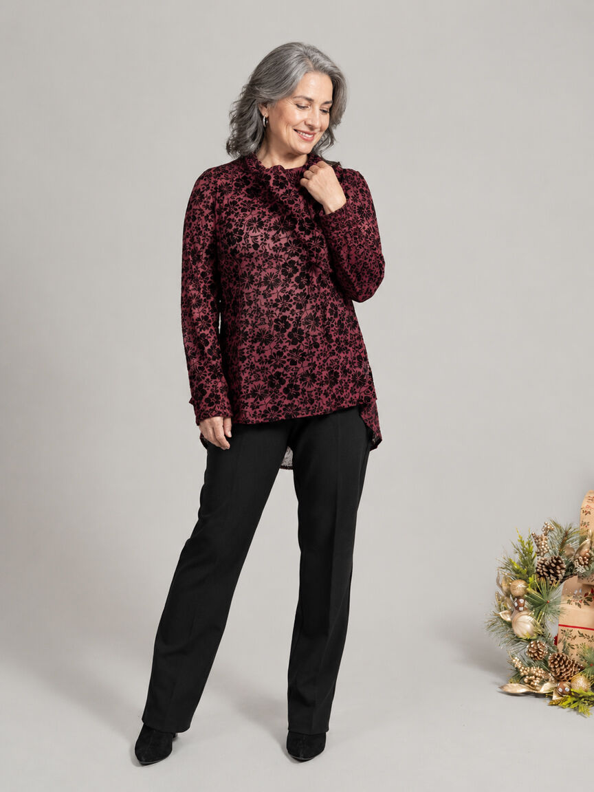 Long Sleeve Floral Burnout High-Low Blouse