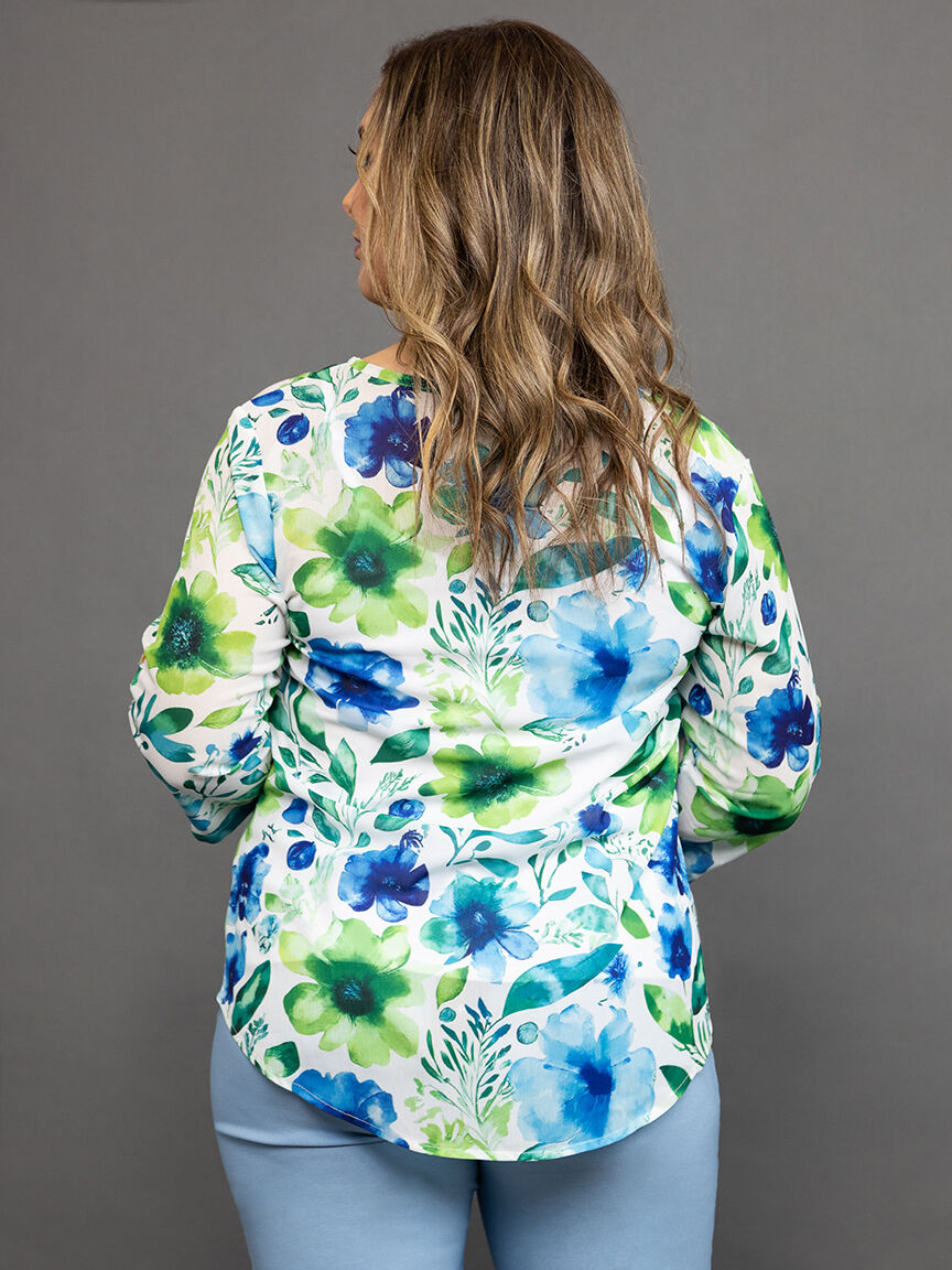 Floral Printed &frac34; Sleeve Top with Rollup Tab  Image 4